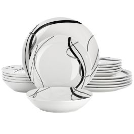 Elama Sarah 18 Piece Porcelain Black Ribbon Dinnerware Set, Service for 6 in White and Black